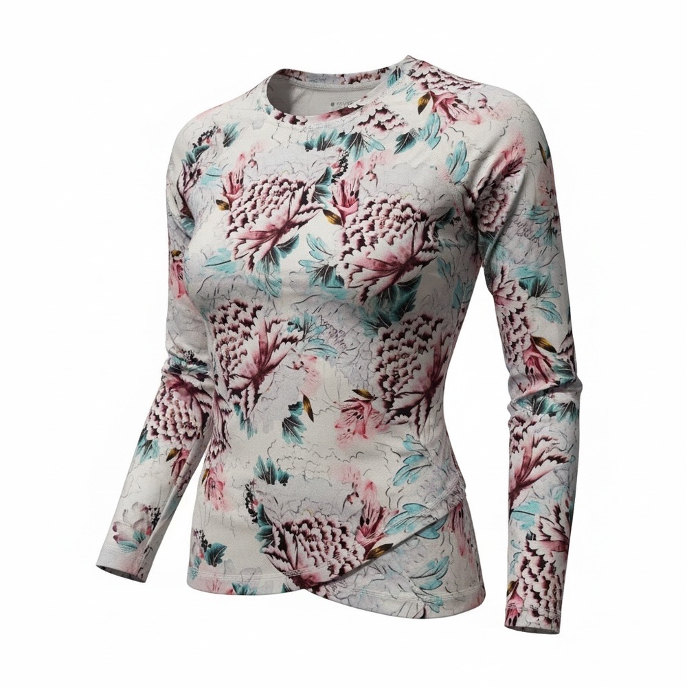 Athleta Size M Floral Long Sleeve‎ Top - Pink and Blue Activewear Workout